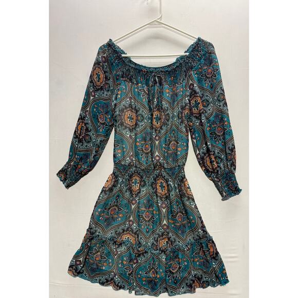 Xhilaration Boho Floral Off-Shoulder Dress - Size XS - Teal & Orange Pattern - Picture 1 of 11